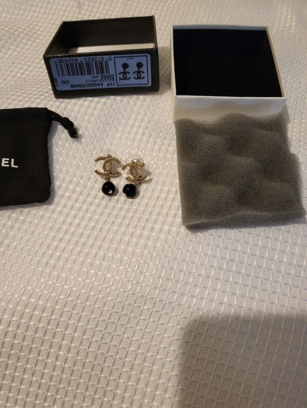 CHANEL Gold-Tone CC Drop Earrings with Black Beads